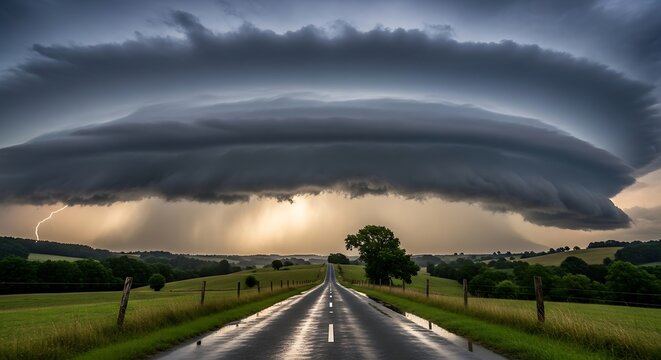 Massive shelf cloud looms dramatically over a wet rural highway as distant lightning strikes