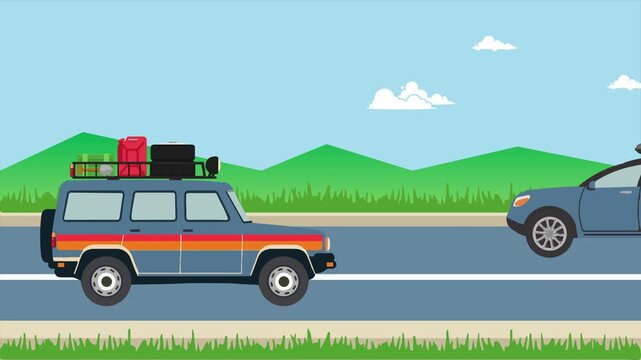 Looping animation blue car on road trip traveling with mountain background. Animated transportation vehicle vector seamless Loop