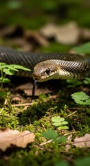 Obraz premium Reptile emerges from dense forest undergrowth with tongue extended