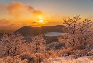 樹氷の赤城山地蔵岳登山道から朝日に染まる樹氷と完全氷結の小沼
タイトル変更