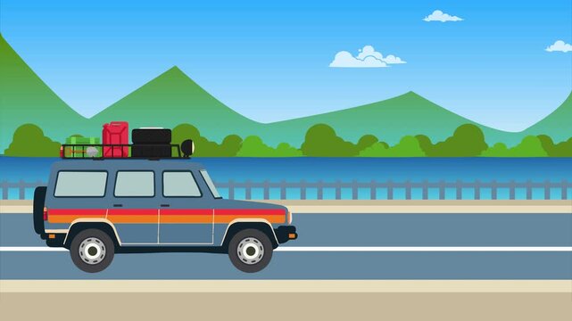 Looping animation Blue SUV car with roof rack on road trip traveling with lake and mountain background. Animated transportation vehicle vector seamless Loop