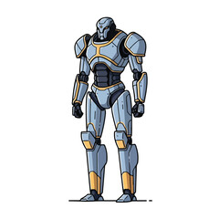 Obraz premium Robot warrior in gray and orange armor standing alone on white