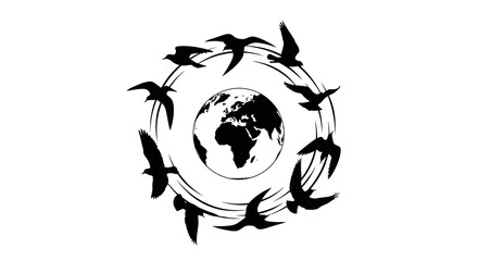 Black silhouette illustration of birds flying around the globe on International Day of Forests with a natural design element. © saputra sida