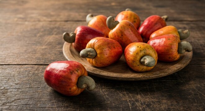 ripe red and orange cashew apples with nuts on rustic wooden plate