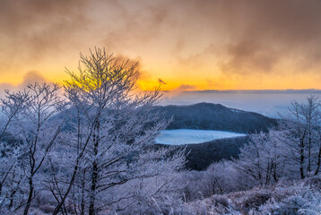 樹氷の赤城山地蔵岳登山道から朝日に染まる樹氷と完全氷結の小沼
タイトル変更