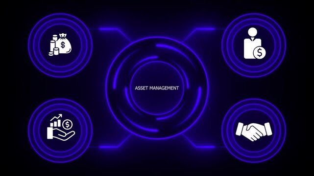 Asset management infographic with of money bag, growing graph, handshake and businessman with dollar sign on black background with blue neon lights