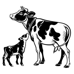 Classic Black and White Drawing of a Cow and Calf in a Tender Moment