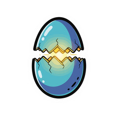 Blue egg, cracking open in half, emitting a bright golden light from its center.