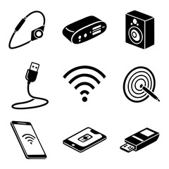 Collection of black and white isometric icons for technology and digital media: headphones, USB drive, Wi-Fi, speaker, smartphone, target.