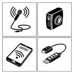 Black and white vector icons for modern technology: microphone with signal, action camera, smartphone with Wi-Fi, and USB adapter.
