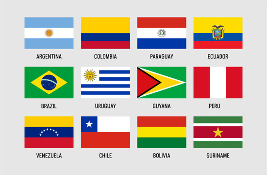 South America flags collection, detailed vector illustration with 12 national flag icons, vibrant colors, clean modern design