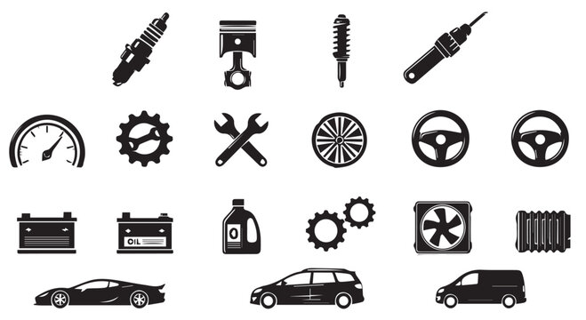 Black icons of car parts and vehicles on Transparent Background, automotive symbols.