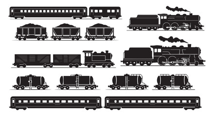 Obraz premium Collection of various vintage train silhouettes in black