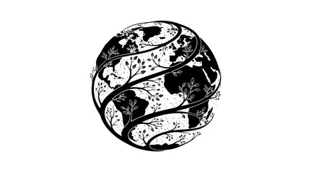 Obraz premium Black silhouette illustration of a globe with forest elements for World Forest Day or International Day of Forests, symbolizing global nature and the forest ecosystem.