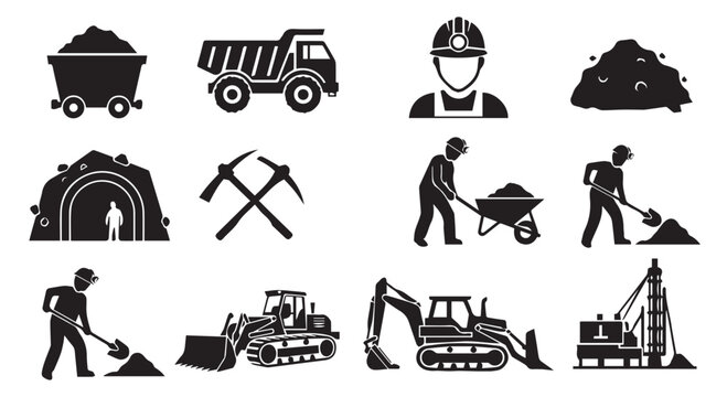 Black silhouettes of mining workers and construction equipment on Transparent Background icons