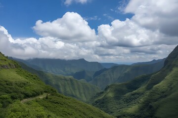 Majestic Green Mountains and Lush Valleys Under a Dramatic Cloudy Sky, A Breathtaking Natural Panorama.