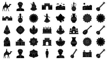 Huge vector collection of Rajasthan silhouette icons including traditional dance, desert camels, historical forts, cultural music instruments, and decorative mandala elements.