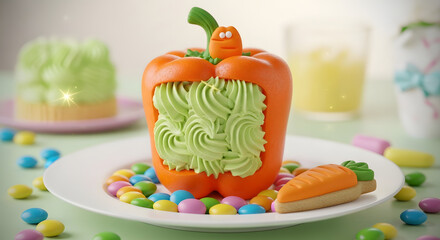 Pumpkin cake with green frosting and colorful candy