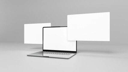 Obraz premium Three laptop screens for mockup. Floating displays in perspective. Blank template for place your web page design, posts and carousels. Ready for mock up. 3D Rendering High resolution 8k.