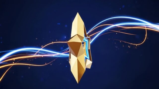 Golden star with blue glow and swirling lines on a dark blue background