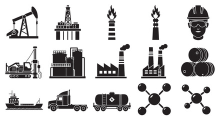 Obraz premium Collection of black icons depicting various industrial and petroleum related objects and symbols.