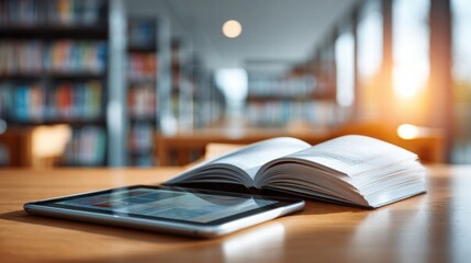 Fototapeta premium Open book and tablet in a library