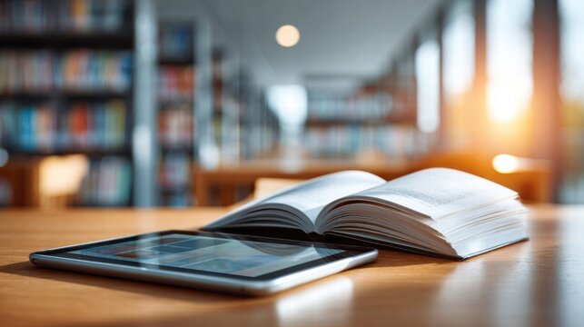 Open book and tablet in a library