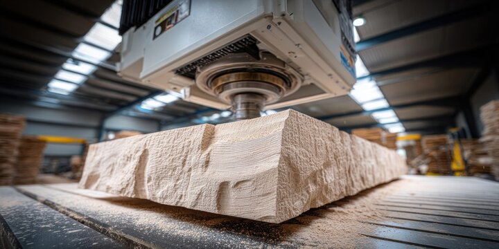CNC machine carving intricate details into a large stone block in a workshop