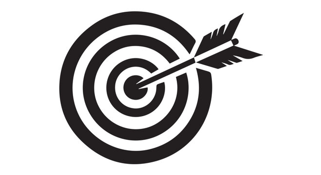 Bullseye target with arrow hitting center, black and white graphic illustration