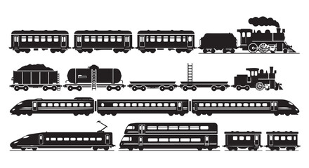 Obraz premium Detailed black silhouettes of various trains and locomotives on a Transparent Background, showcasing different styles.