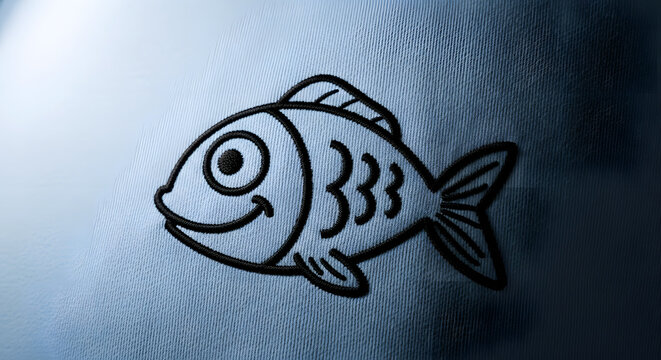 A black line drawing of a smiling fish on a textured blue background