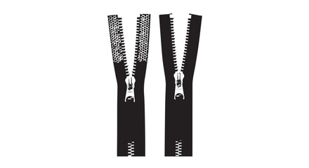 Two black zippers with metal teeth, one open and one closed, on a Transparent Background, showcasing clothing accessories.