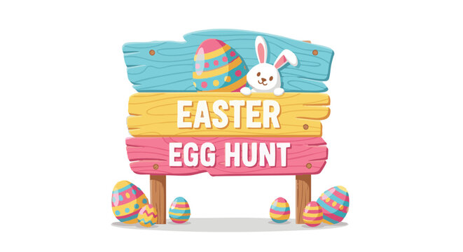 Easter egg hunt sign with cute bunny and colorful eggs. Cartoon vector illustration for spring holiday.