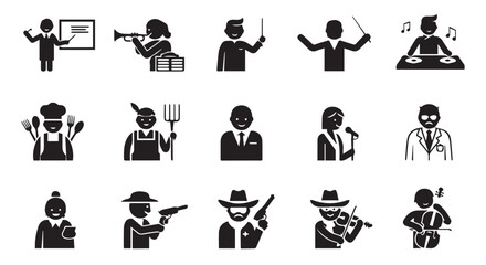 Obraz premium Collection of various black silhouette icons depicting people in different occupations and actions.