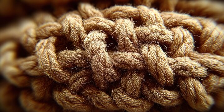 Close-up macro shot of thick, braided jute rope with intricate knot details and textured fibers