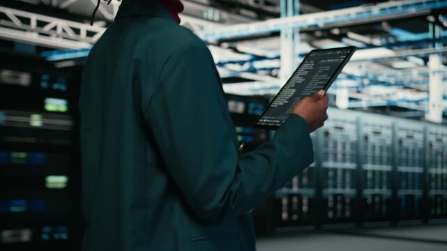 Close up of data center programmer using tablet app to write code, futureproofing company network. Woman walks in server room with programming script on device to increase cybersecurity, camera A
