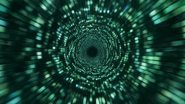 Digitally generated image of a green tunnel with a spiral pattern and a dark center