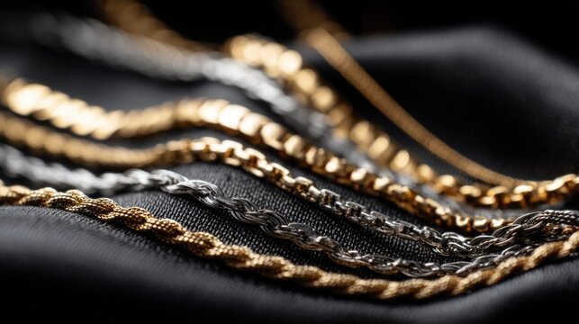 Close-up macro shot of various gold and silver chains arranged on dark fabric