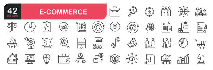 Fototapeta premium Set of line icons related to customer, shopping, retail store, online shop, cart, delivery, payment, truck. Outline icons collection. Editable stroke. Vector illustration