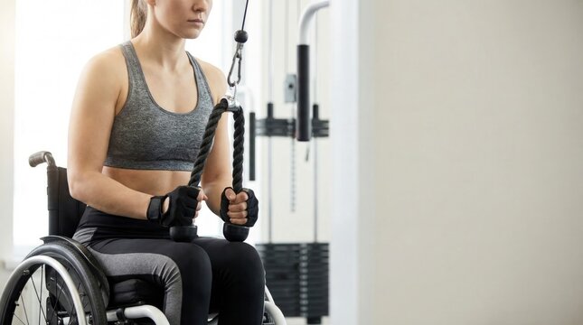 Woman in a wheelchair exercising on a triceps pushdown cable machine