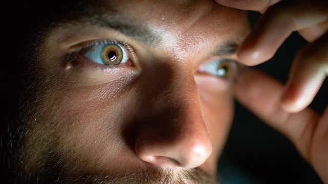 Intense Gaze: A close-up shot captures the focused expression of a person's eyes, conveying deep concentration. The scene is illuminated by an unseen light source.