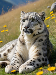 Obraz premium Snow leopard lazing in sun-drenched mountain meadow, sun, fur