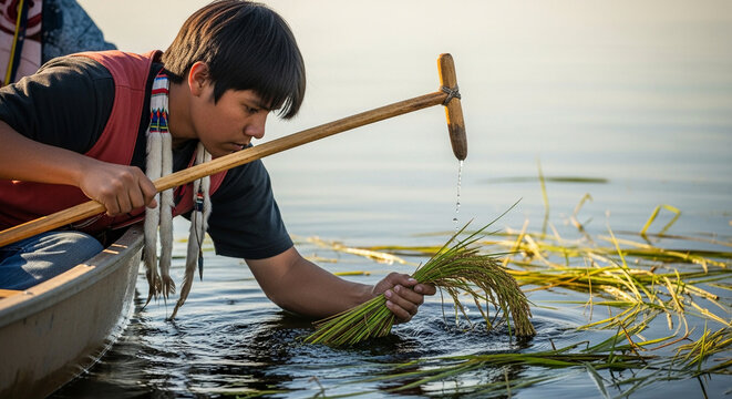 Indigenous man harvesting wild rice from canoe in calm lake