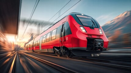 Fototapeta premium A modern red train streaks across the tracks, conveying speed and the thrill of travel.