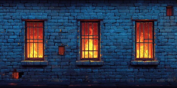 Old brick building exterior at night with windows glowing with intense fire light