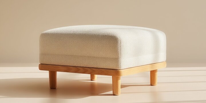 Minimalist cream upholstered ottoman with natural wood legs in soft studio lighting