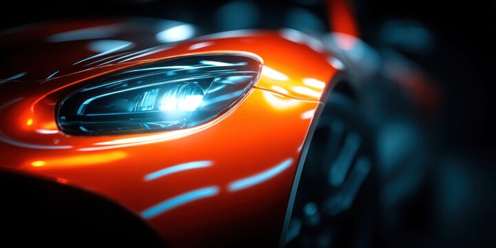 Close-up of a sleek, modern sports car headlight with vibrant orange paint and blue accents