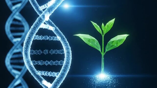 Dna helix structure with a growing plant on a dark background representing genetic engineering