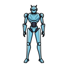 Fototapeta premium Robot standing in full view with blue metal body and helmet