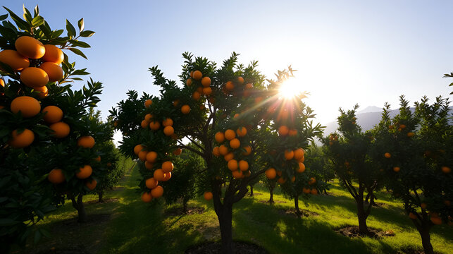 Majestic Orange Tree Laden with Sunlit Fruit in Tranquil Orchard